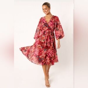 Flying Tomato Red & Pink Floral Wrap Midi Dress